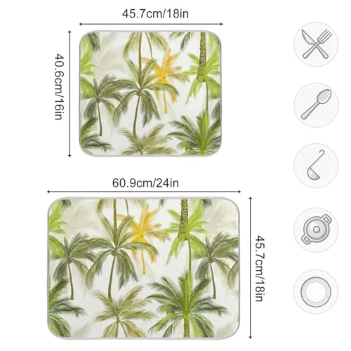 Tropical Palm Trees Ivory Dish Drying Mat for Kitchen Counter Super Absorbent Draining Mat with Non-slip Backed Dish Drying Pad for Dish Bottles Cups Bowl Countertops Sinks Draining Racks