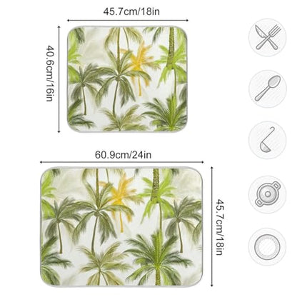 Tropical Palm Trees Ivory Dish Drying Mat for Kitchen Counter Super Absorbent Draining Mat with Non-slip Backed Dish Drying Pad for Dish Bottles Cups Bowl Countertops Sinks Draining Racks