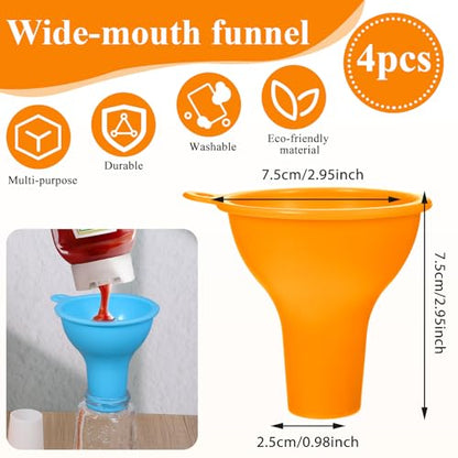 Silicone Funnels, 4 Pieces Wide Mouth Funnel Flexible Condiment Sauce Canning Set Flexible Kitchen Funnel for Home Restaurant Squeeze Bottles Jars Cans, Spice Filling Bottles Liquid Oil, 3 x 1 Inch