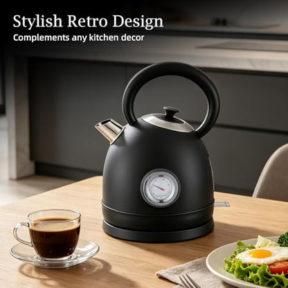 1.7L(57oz) Retro Electric Water Kettle, 1500W 304 Stainless Steel Temperature Control Tea Pot, Cordless LED, Built-in Thermometer, Auto Shut-Off & Boil Dry Protection - color: Black