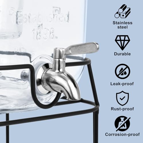 2 Gallon Glass Drink Dispensers For Parties,Beverage Dispensers With Stand And 100% Leakproof Stainless Steel Spigot.Glass Water Jug Dispenser,Lemonade Dispenser,Mason Jar. - size: 2 Gallon Single With Stand