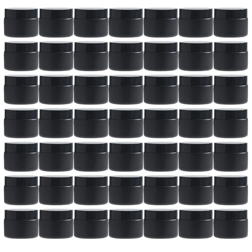 OverNews 2oz Black Glass Jar Travel Size, 45PCS Empty Cosmetic Lotion Container with Black Lid & Spatula, Small Mini Jar for Beauty - color: HBlack, size: 45