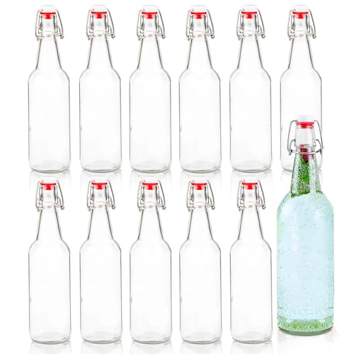 Ilyapa 12oz Clear Glass Beer Bottles for Home Brewing - 12 Pack with Flip Caps for Beer Bottling - color: Clear, size: 12oz