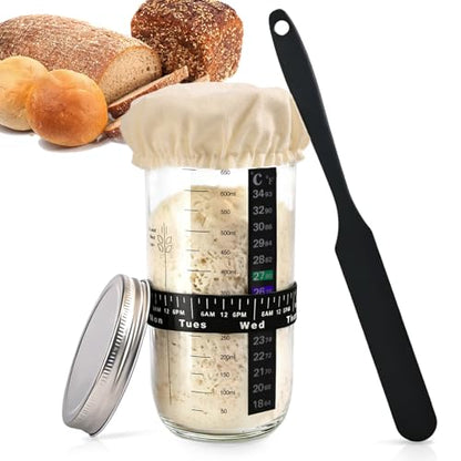 24 oz Wide Mouth Sourdough Starter Jar Kit, Glass Fermentation Container with Date Marker, Thermometer, Silicone Scraper & Lids, Airtight Glass Storage Canister for Homemade Bread Baking, Complete Sourdough Baking Supplies