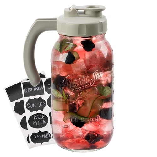 Soligt Glass Mason Jar Pitcher with Lid, Wide Mouth Flip Cap Pour Spout Leak-proof Lid with Handle, 64 oz (2 Quart / 1.9 Liter), for Iced Coffee/Sun Tea Juice/Cold Brew Coffee/Milk (1Pack, Light Gray) - color: Light Gray
