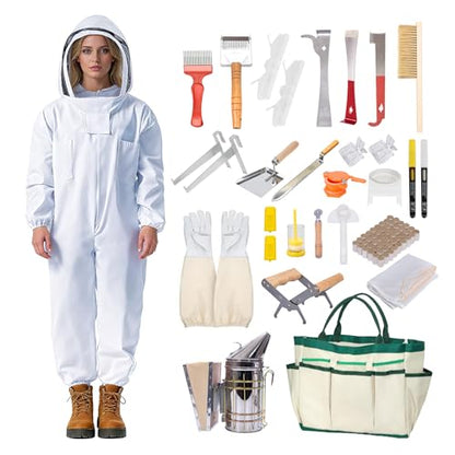 Honey Lake 31Pcs Beekeeping Supplies Starter Tool Kit with Bee Suit for Beekeepers, Includes Bee Smoker, Beehive Frame Holder, Frame Grip, Bee Marking Pen, Hive Tool and More Beekeeping Tools (L) - size: L