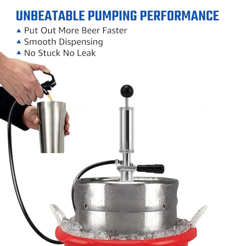 4” Keg Party Pump Keg Tap, D System Beer Keg Pump for US Sankey, Kegerator Tap Stainless Steel Probe Coupler Beer Tap with Beer Line Faucet Hose Clamps for Homebrew Picnic Parties (Silver Clamps)