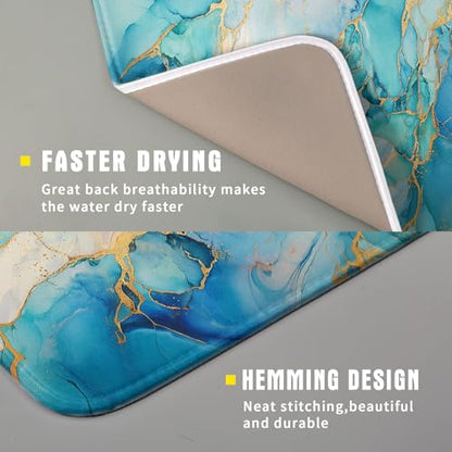 Marble Print Dish Drying Mat for Kitchen Counter,Blue Teal Turquoise Gold Drying Mat 16 x 18 Inch with Absorbent Reversible Microfiber Drying Pad for Coffee Bar - size: 16" x 18"