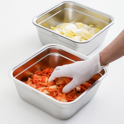 2-in-1 Stainless Steel Washing bowl & Colander Set, 12.5" Heavy-Duty Square Washing Up Bowl for Sink, Food Strainer Mixing Bowl, Food-Grade Basin for Rinsing Fruits, Vegetables, Rice & Pasta