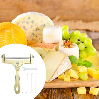 Gosknor 6pcs Cheese Slicer Kit, Stainless Steel Wire Cheese Cutter with 4 Extra Wires & Wrench Slicer Handheld Butter Cutter Food for Block Butter (Frosted Gold) - color: Frosted Gold