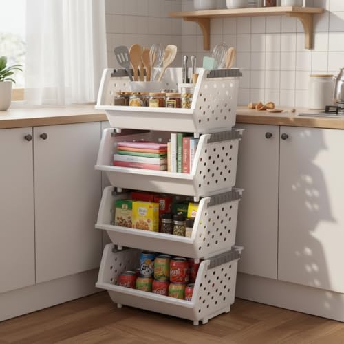 4-Pack Plastic Stackable Storage Baskets, Open Front Kitchen Organizer Basket Bin, White, F