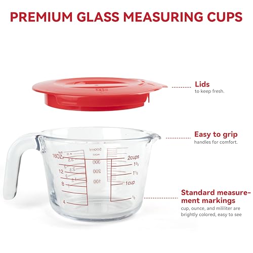 6 Pcs Glass Measuring Cups Set with Lids (Strainer Included) - 1-Cup/2-Cup/4-Cup Nesting Jugs with Easy-Grip Handles, Kitchen Liquid Measuring