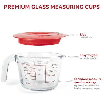 6 Pcs Glass Measuring Cups Set with Lids (Strainer Included) - 1-Cup/2-Cup/4-Cup Nesting Jugs with Easy-Grip Handles, Kitchen Liquid Measuring