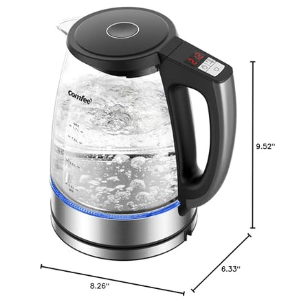 COMFEE' 1.7L Glass Tea Kettle and Kettle Water Boiler - Electric Kettle Temperature Control with 6 Presets, 2-Hr Keep Warm, Fast Heating, 304 Stainless Steel, Auto-Off and Boil-Dry Protection - color: Transparent Digital, size: 1.8 Quarts