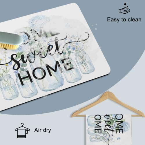 Botanical Flowers Dish Drying Mat for Kitchen Counter, Absorbent Quick Dry Coffee Bar Mat Pad Thin Diatomaceous Sink Mats, Sky Blue Hydrangea Florals Butterflies Non Slip Dish Drainer Mats 16''x24'' - size: 24" x 16"