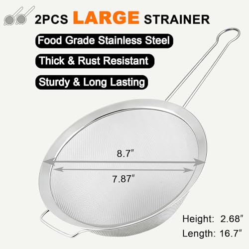 Large Fine Mesh Strainer with Sturdy Handle, 8.66” Stainless Steel Strainers, Bonus 20x20 Inch Reusable Cotton Cheese Cloths with 4 Hemmed Edges, Sieve Sifter for Straining, Cooking, Baking - size: 8.66" Strainer and Cheesecloth