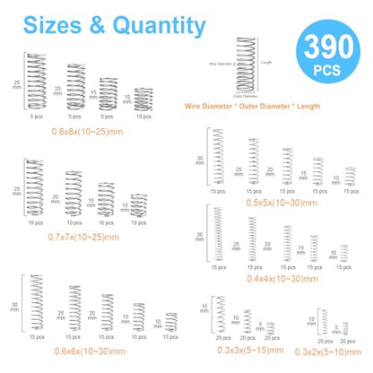 390-Piece Compression Spring Assortment Kit, 28 Sizes Small Springs Set, Stainless Steel Rust-Resistant Mechanical Mini Springs for Hobby Crafting and DIY Repair Project