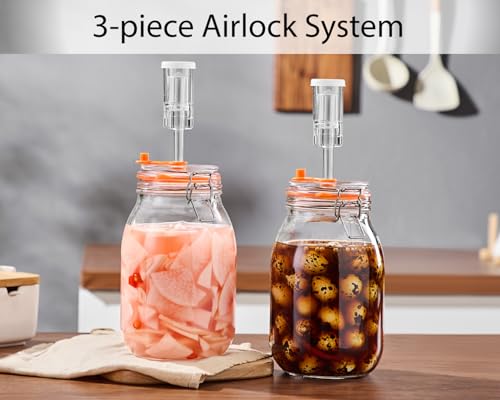 1.8L Wide Fermentation Jars with Airlocks & Glass Weights, 2-Pack | Self-Burping Airlocks Vent Gas Automatically; Glass Weights Keep Ingredients Below the Brine for More Consistent Fermentation - size: 1.8L