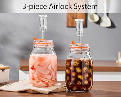 1.8L Wide Mouth Fermentation Jars with Airlocks, 2-Pack | Wide-Mouth Glass Jars with Self-Burping Airlocks for Sauerkraut, Kimchi, Pickles, Mead, Cider and Other Homemade Ferments