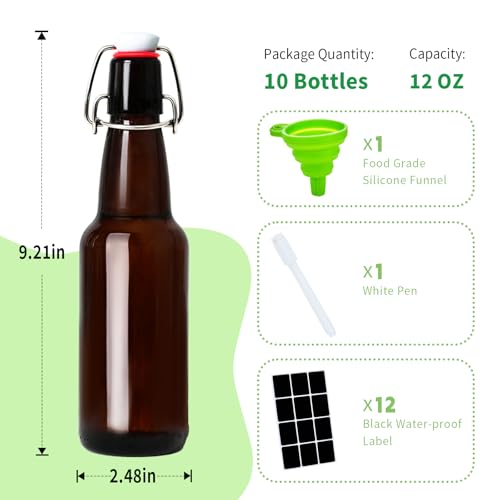 12oz Amber Glass Beer Bottles with Flip Top Airtight Lids, 10 Pack Swinging Top Home Brewing Bottles for Kombucha, Vanilla Extract, Kefir, Juice, Wine, Fermentation