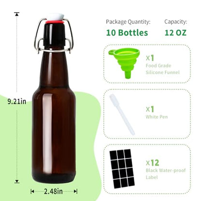 12oz Amber Glass Beer Bottles with Flip Top Airtight Lids, 10 Pack Swinging Top Home Brewing Bottles for Kombucha, Vanilla Extract, Kefir, Juice, Wine, Fermentation