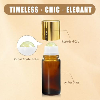 Citrine Crystal Roller Bottles for Essential Oils, 50ml Refillable Amber Glass Roll On Bottles with Natural Crystal Roller Balls, Leak-Proof Travel Perfume Bottle with Gold Caps - color: Yellow