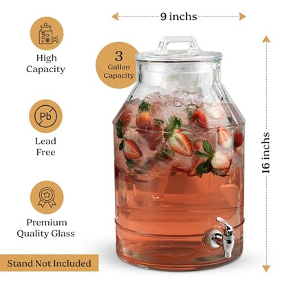 3 Gallon Glass Drink Dispensers For Parties,Classic Mason Jug Beverage Dispensers With Glass Lid With Handle And 100% Leakproof Spigot.Glass Water Jug Dispenser,Lemonade Dispenser - color: Clear-3-Gallon