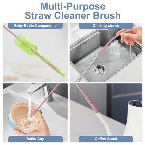 Reusable Silicone Straw Cleaner Brush Set, 2-Pack Extra Long Straw Cleaning Brush for Metal Glass Water Bottle Drinking Straws, Flexible&Bendable Design, Dishwasher Safe, 6mm & 8mm Diameter - color: Light Pink