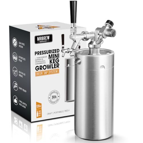MRbrew 128oz Mini Beer Keg Growler Mini Kegerator - Portable Draft Beer Dispenser System, Pressurized Stainless Steel Beer Growler Tap with CO2 Regulator & Beer Tap for Fresh Beer, Home Bar Party&Gift