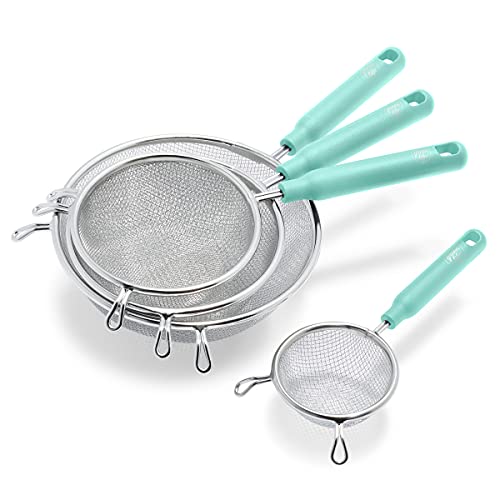 GreenLife Cooking Tools and Utensils, 4 Piece Extra Fine Stainless Steel Mesh Strainer Kitchen Set, Stay Cool Handles, Dishwasher Safe, BPA-Free, Turquoise - color: Turquoise, size: 4 Piece Stainless Steel Mesh Strainer Set