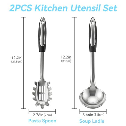 2 PCS Stainless Steel Soup Ladle and Spaghetti Spoon, Heat Resistant Non‑Slip Handle, Dishwasher Safe Kitchen Utensils for Cooking, Stirring, Serving Pasta, Soup and Sauce