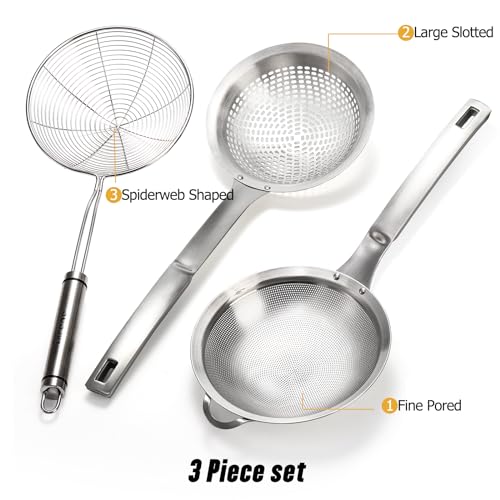 3 Pieces Spider Strainer Skimmer Spoon Set, Fine Mesh Stainless Steel Sieve Food Strainers, Large Hole Slotted Colander Frying Spoons, Strainer Ladle Wire Skimmer Spoon with Handle for Kitchen