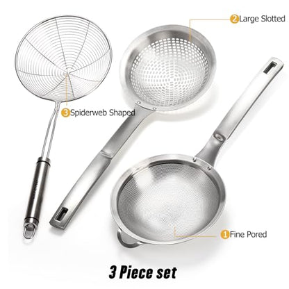 3 Pieces Spider Strainer Skimmer Spoon Set, Fine Mesh Stainless Steel Sieve Food Strainers, Large Hole Slotted Colander Frying Spoons, Strainer Ladle Wire Skimmer Spoon with Handle for Kitchen