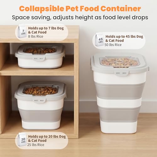 40 Lbs Dog Food Storage Container with Wheels, Collapsible Pet Food Storage Container with Clear Window, 2 Measuring Cups and Scoop, BPA Free Cat Food Container for Rice, Flour, Grain, Bird Seed - color: Grey/40lbs