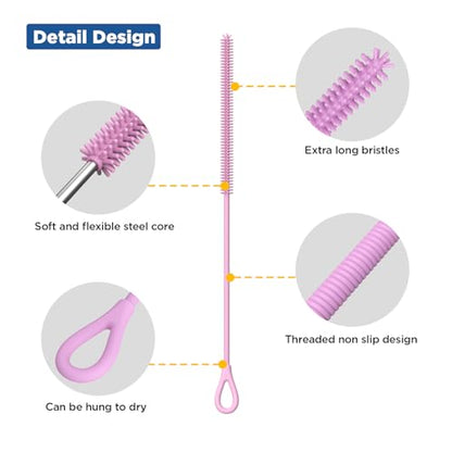 YOTIME Silicone Straw Cleaner Brush, 2Pcs Reusable Straw Brush Extra Long for Cleaning Tumbler with Handle and Glass Metal Smoothie Straws, Non-slip Handle Soft and Bendable, 6mm+9mm, Pink - color: Pink