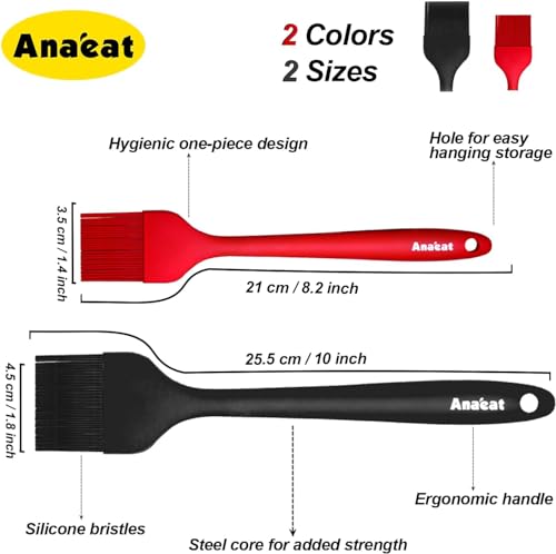 Anaeat 2 Pack Silicone Basting Pastry Brushes - Heat Resistant Brush with Soft Bristles, Hygienic One-Pieces Design, Marinade Brush Great in Baking for Spreading Oil Butter Sauce BBQ Grill - color: 2 Pcs (10" Black + 8.2" Red)