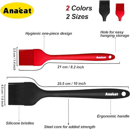 Anaeat 2 Pack Silicone Basting Pastry Brushes - Heat Resistant Brush with Soft Bristles, Hygienic One-Pieces Design, Marinade Brush Great in Baking for Spreading Oil Butter Sauce BBQ Grill - color: 2 Pcs (10" Black + 8.2" Red)