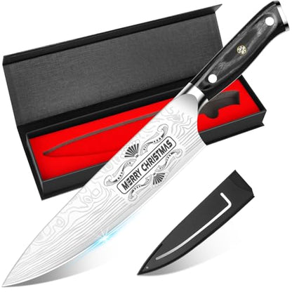 MOSFiATA Gifts for Him Her Men Women Husband, Christmas Xmas Stocking Stuffers, Birthday Gifts ideas for Him Her, 8 inch Pro German Chef Knife, Kitchen Knife Gift Set - style: Christmas chef knife