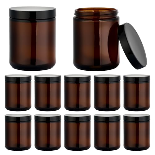 Hoa Kinh 8 oz Glass Jars with Lids, 12 Pack Amber Empty Small Cosmetic jar | Airtight Leak Proof Travel Jars for Lotion Cream Lip Balm DIY Thick Glass Reusable Sample Containers with Lined Lids - color: Amber-Black Lid, size: 8oz-12Pack