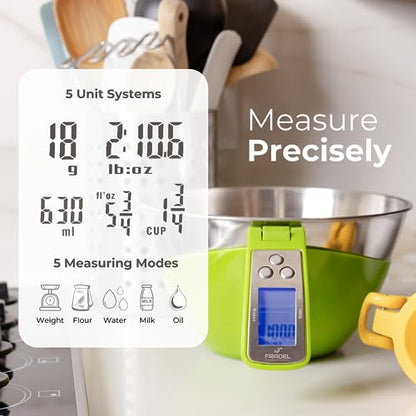 Fradel Digital Kitchen Food Scale with Bowl - 11lb, Grams & Ounces - Removable, Dishwasher-Safe Mixing Bowl - Green - color: Green