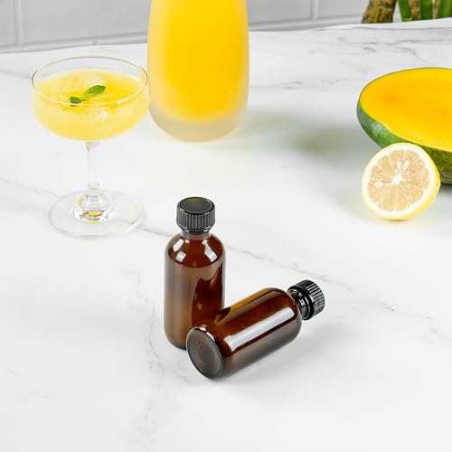 Restaurantware Vetri 2 Ounce Boston Glass Bottles, 48 Sample Bottles With Black Phenolic Caps - Dishwashable, Round, Amber Glass Bottle, For Potion, Juice, Ginger Shots, Whiskey, Liquids - color: Amber, size: 2 oz