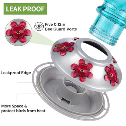Hummingbird Feeder, BOLITE Glass Hummingbird Feeders for Outdoors Hanging, with Ant Moat and Five Feeding Ports, 22 Ounces, Leak Proof, Blue Bottle - color: Ruby Blue