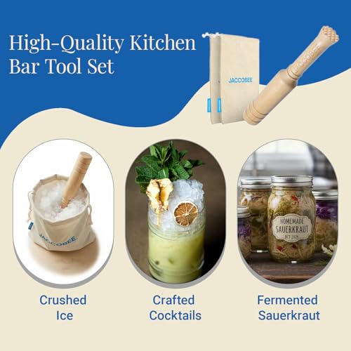 JACCOBEE 3-in-1 Kitchen&Bar Tool Set 12.6" Wooden Mallet, Muddler for Cocktails/Sauerkraut Pounder for Mason Jars/Ice Crusher(with 2Pcs Canvas Lewis Ice Bag)