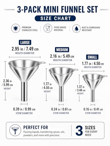 3-Pack Stainless Steel Mini Kitchen Funnel Set, Durable Metal Filling Funnel for Transferring Liquids, Dry Ingredients, Cosmetic Lotions, Liquids, Fragrances, Powders -High Temperature Resistant