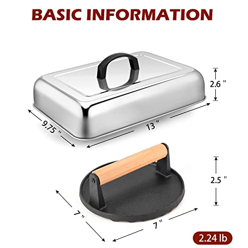 HaSteeL 33 x 24.1cm(13 x 9.75인치) 멜팅 돔 및 17.8cm(7인치) 버거 프레스, 베이컨 프레스가 있는 직사각형 베이스팅 스팀 커버, 플랫 탑 테파야키 히바치 그릴 요리 바베큐용 금속 그리들 액세서리, 간편한 세척 - size: Dome + 7in iron press