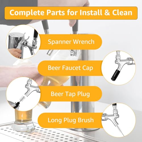 All Stainless Steel Draft Beer Shank Faucet Beer Tower Faucet Kit, 1/4” Beer Barb Fitting Self-closing Beer Tap Kegerator Tower Replacement Kit for 3/16” Beer Line Tubing with Hose Clamp Wrench - size: Faucet Kit (All Stainless Steel)