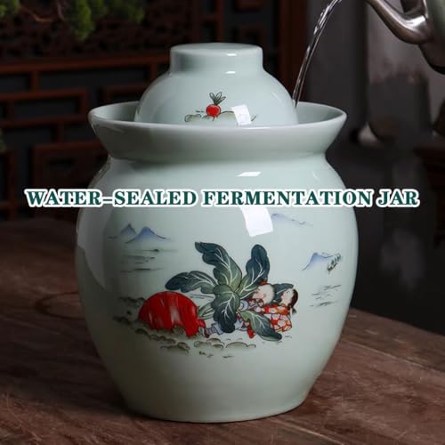 Chinese Jingdezhen Ceramics Pickle Jar, Water-Sealed Traditional Fermentation Crock, Spicy Radish Pattern Kimchi Jar, Artistic Decoration(3.5kg) - size: 3.5kg