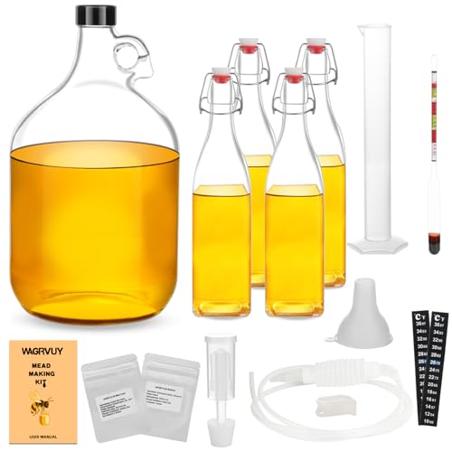 Mead Making Kit for Beginners - Complete Home Brewing Starter Set with Reusable Supplies, 1 Gallon Glass Honey Wine Fermentation Jar with 4 Pcs Bottles Yeast & Nutrients Hydrometer Operation Guide - size: 1 Gallon Kit with 4 Bottles