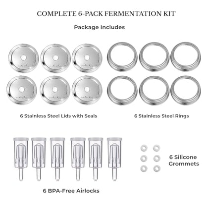 Jillmo Fermentation Lids for Wide Mouth Mason Jars, Stainless Steel Auto Venting Fermenting Lid Kit with Airlocks & Silicone Grommets for Pickles, Kimchi & Sauerkraut, 6 Pack, No Jars Included - size: Pack of 6