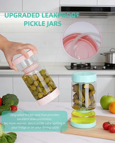 ZENS Pickle Jar with Strainer Flip, 37 oz Hourglass Pickle Juice Separator Container, Airtight Leakproof Lid, Dual Wet-Dry Design, Time Tracker Lid – 2 Pack Olive & Kimchi Jars - color: 01-Pink&Blue, size: 37oz 2pcs